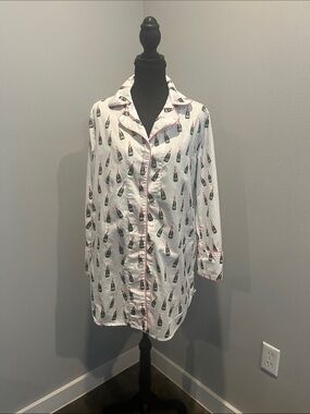 Toss Designs White Sleep Shirt with Pink & Green Champagne Bottle Print